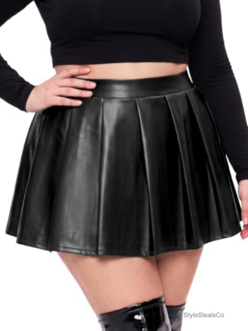 Faux Leather Pleated Mini Skort with Built-in Shorts Pockets High Waist